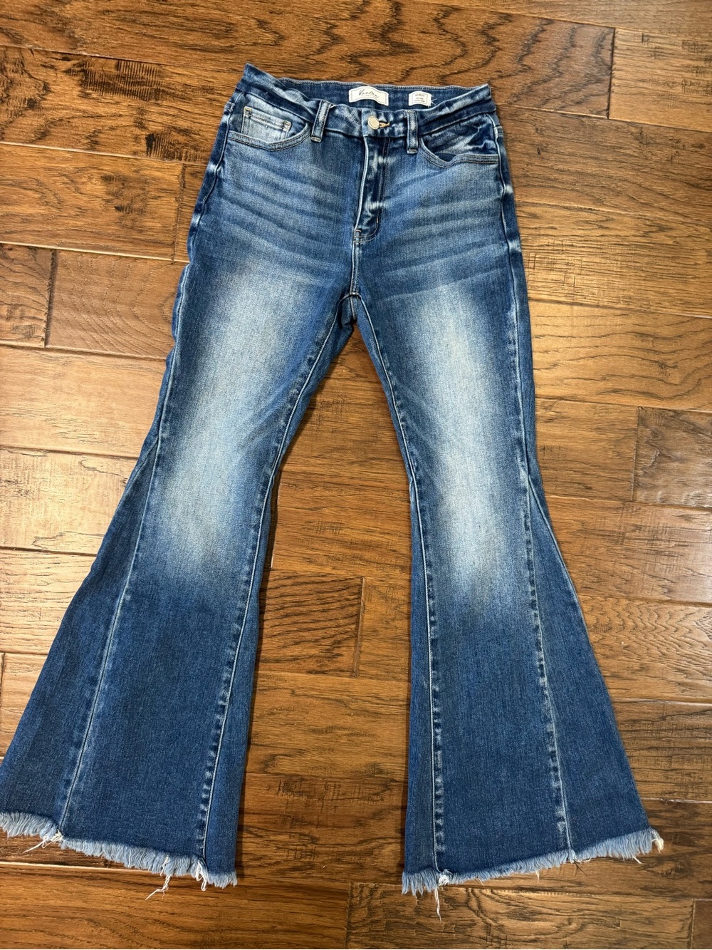 KanCan Distressed Mid-Blue Flare Jeans with Frayed Hem